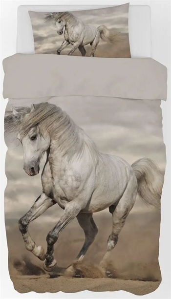 Billede af Sengetøj 140x200 cm - Stor hvid hest - 2 i 1 design - 100% bomuld